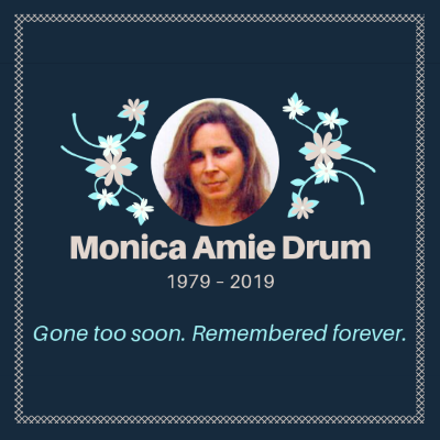 Decorative funeral card for Monica Drum with her photo, birth and death dates and the words 'Gone too soon. Remembered forever.'